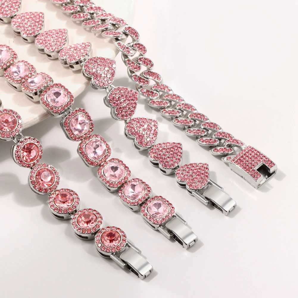 1Pcs Pink Rhinestones Miami Cuban Chain Bracelet for Women Men Iced Out Chunky Tennis Bracelets Fashion Gifts Jewelry Wholesale W250728