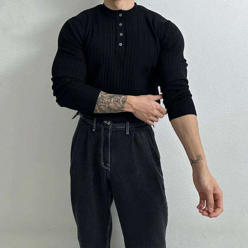 Autumn Clothing Men's Light Knit Korean Popular Henry Collar T-shirt Button-down Long Sleeve Retro Leisure Knitwear