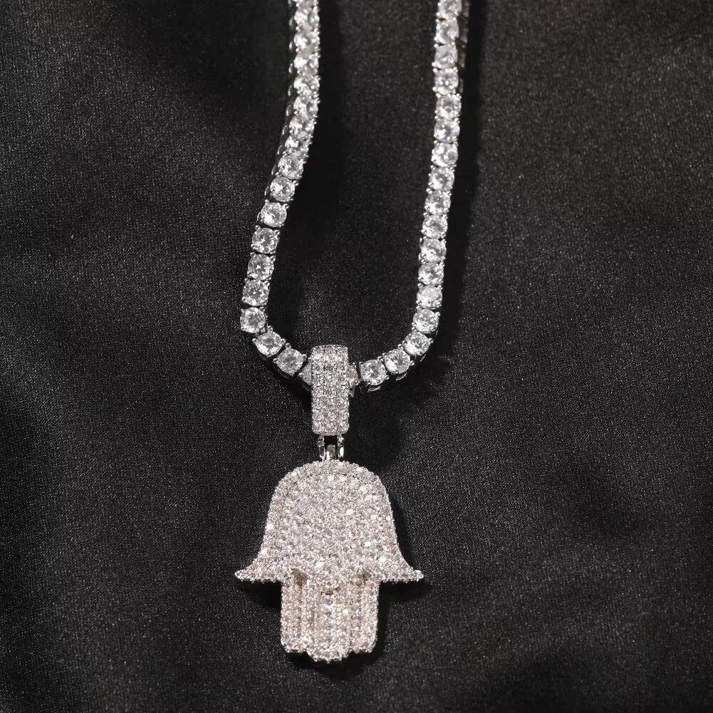 Wholesale Hip Hop Iced Out CZ Hamsa Hand Pendant Necklace Jewelries
