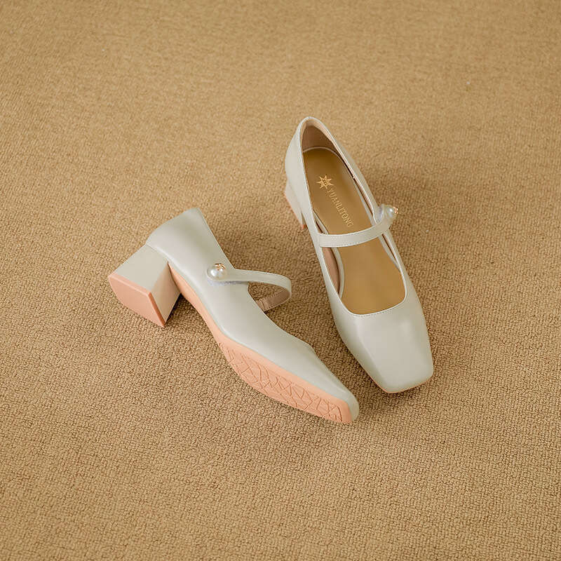 Sheepskin Mary Jane Genuine Leather Women's Comfortable Soft Sole Breathable Non-Suffocating Quality Single Shoes Elegant Square Toe High Heels