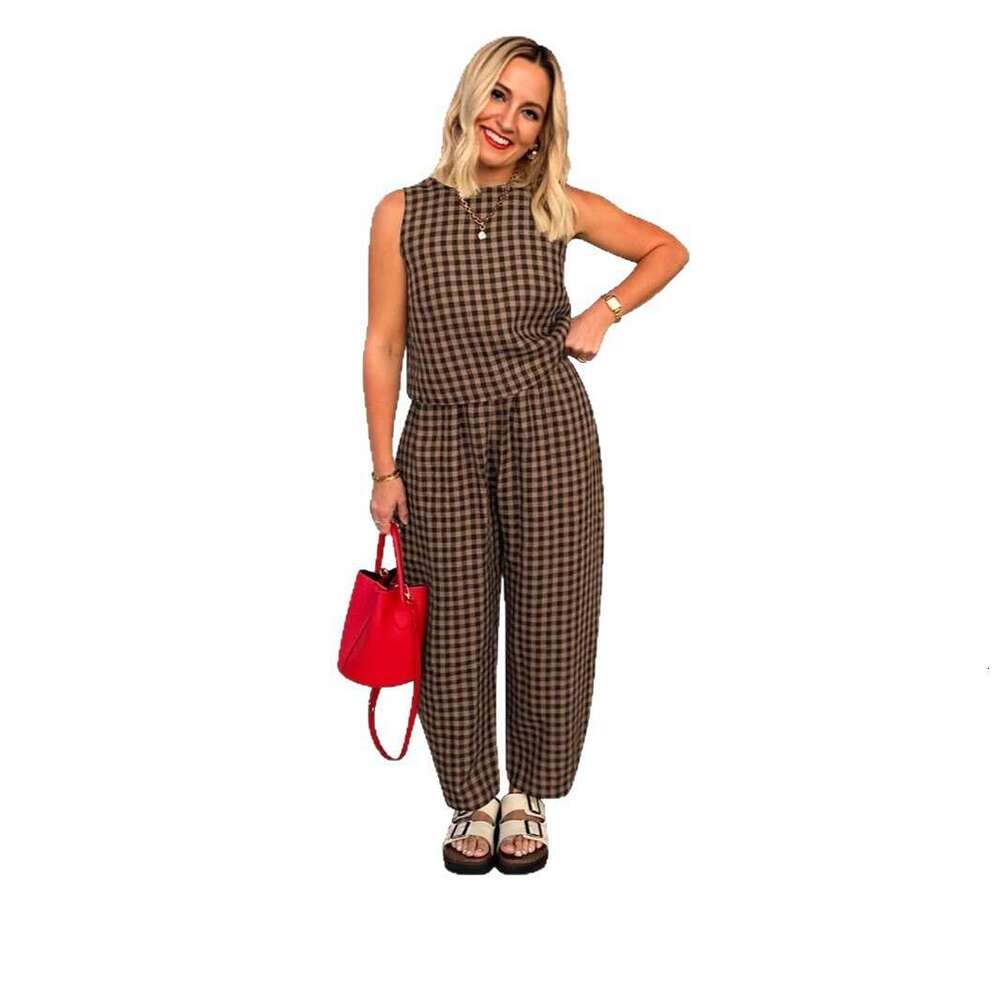 2025 Cross-Border Hot-Selling European American Women's Fashion New Solid Color Plaid Loose Casual Sleeveless Vest and Long Pants Set