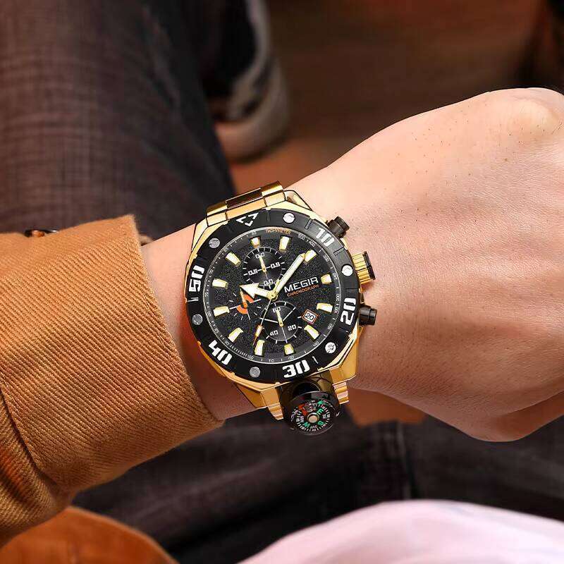 DHwatches MEGIR 2219G Men's Outdoor Sports Watch - 46mm Stainless Steel, Compass, Chronograph, Waterproof 30M, Luminous Dial