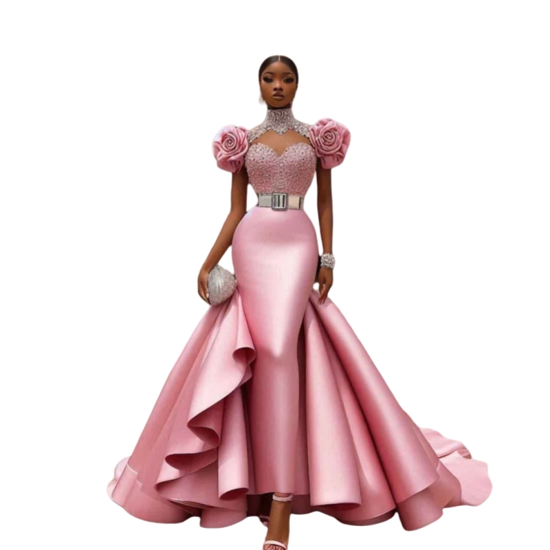 Elegant African Pink Evening Dresses With Detachable Train Sequins Beaded Flowers Short Sleeves Aso Ebi Reception Gown For Ladies 2025 Modern Prom Dre