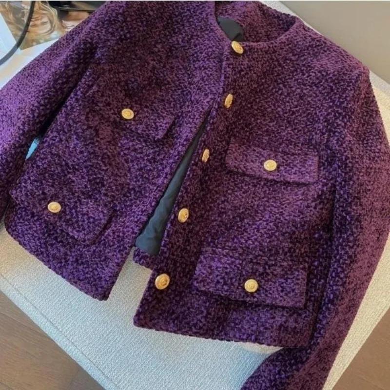 Limiguyue French Woolen Tweed Coat Small Fragrant Oneck Short Jacket Women Highend Metal Button Purple Tops Autumn Winter 012A w250728