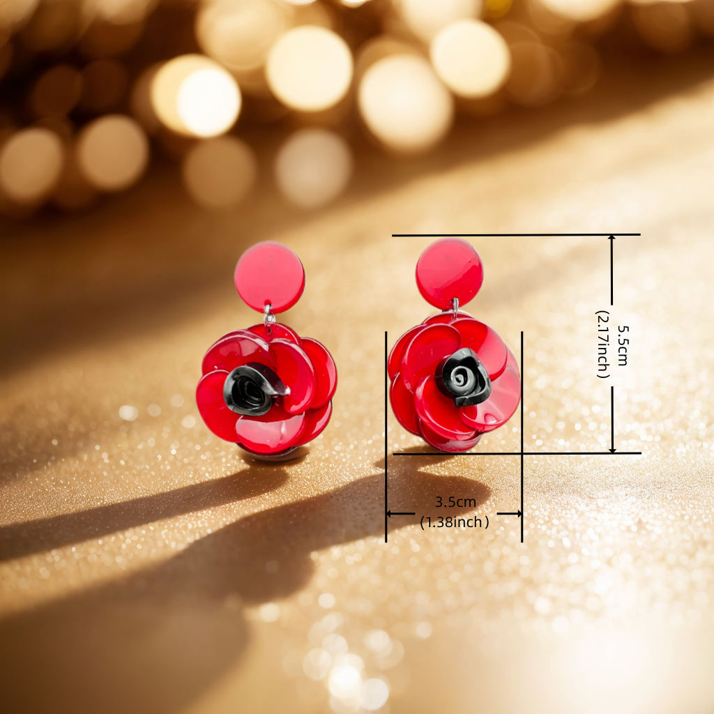 Elegant Exaggerated Floral Design Earrings Featuring Layered Red Blossoms