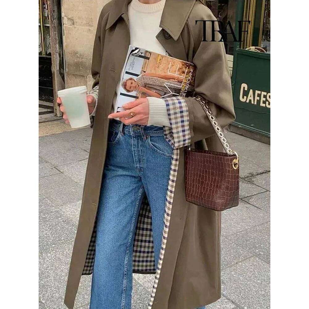 TRAF Women's Fashion Long Trench Retro Loose Single-Breasted Autumn And Winter Lapel High Street Temperament Coat