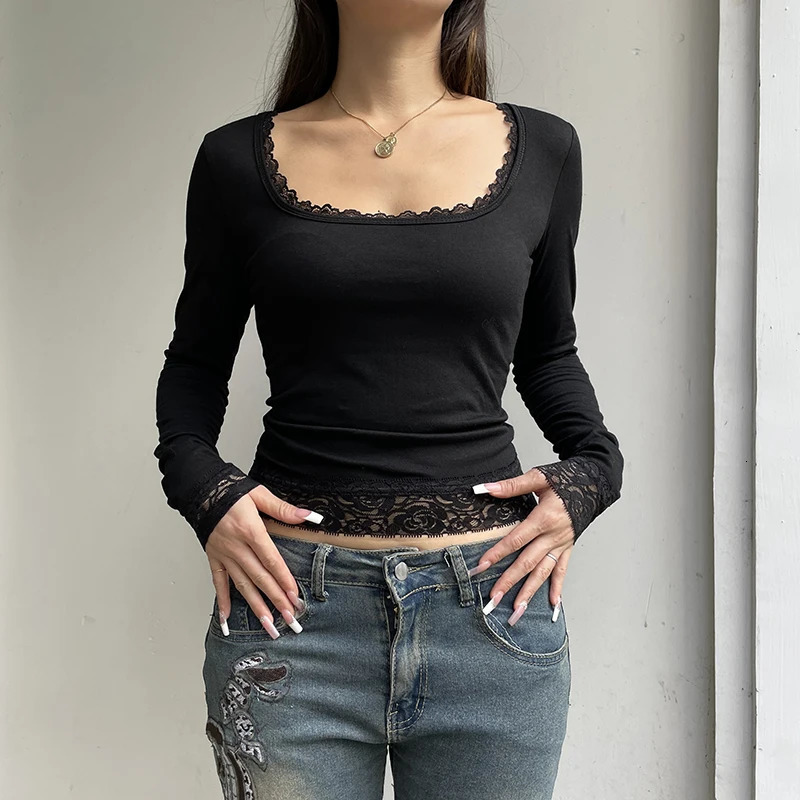 Sexy Black Tshirt Women Autumn Lace Tees Fashion Streetwear Oneck Casual Slim Long Sleeves Female Versatile Top 250728
