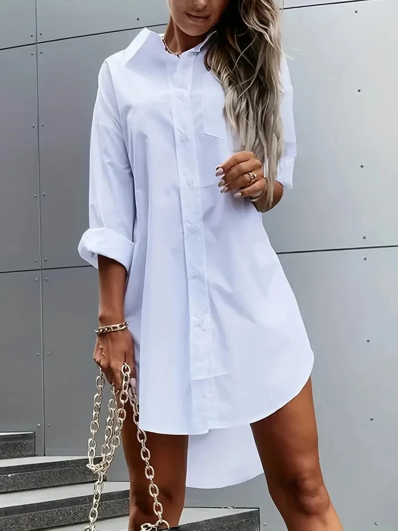 Womens Solid Color Button Front Shirt Dress Casual Long Sleeve Lapel for Spring Fall 250728