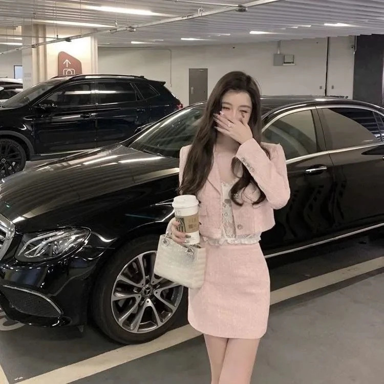 Elegant Vintage Long Sleeve Tweed Pink Coat Women Y2k High Waist Slim Fit Bodycon Skirts Early Autumn Two Piece Sets 250728