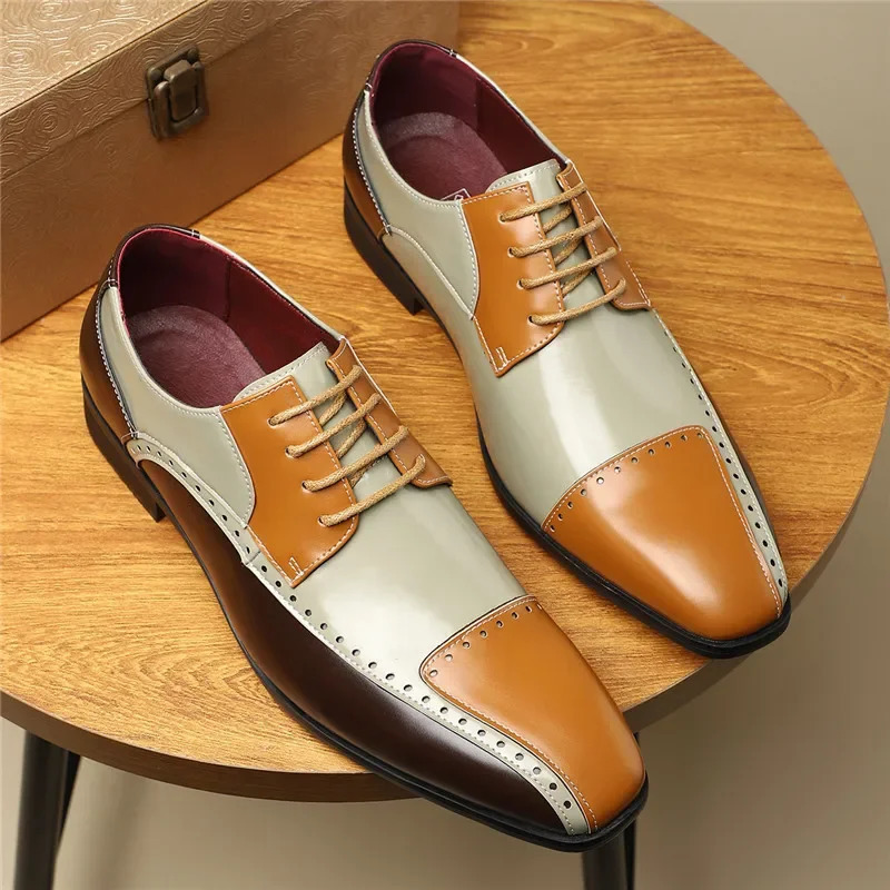 2025 Mens Pointed Mixed Color Patchwork Casual Oxford Shoes Formal Wedding Dress Homecoming Footwear Zapatos Hombre 250723