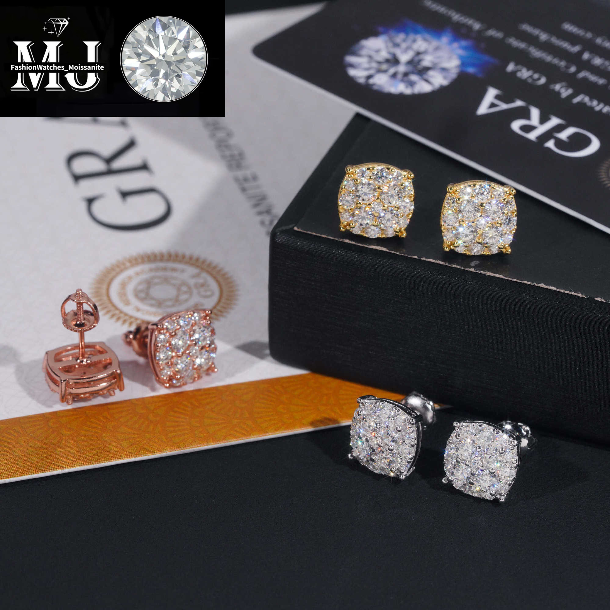 New Pass Tester GRA Certified Stocks VVS Dia Sterg Sier Hip Hop Jewelry Moissanite Stud Earrings For Men
