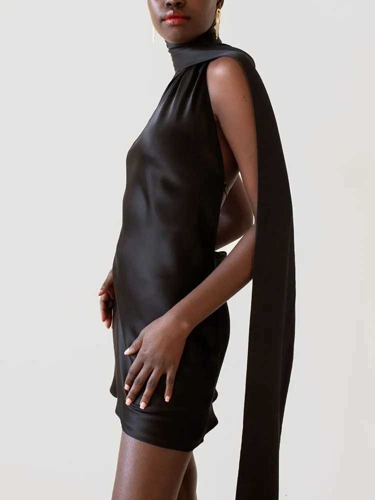 100% Cotton Patchwork Formal Dresses For Women Halter Collar Off Shoulder Sleeveless High Waist Backless Satin Mini Dress Female Style Z250728