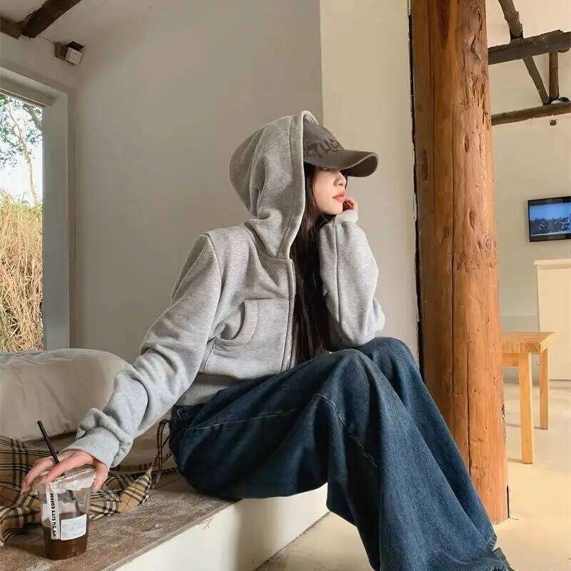 American Zipper Long Sleeve Short Solid Vintage Hoodies Hooded High Waist Slim Fit TopsWomen Y2k Sweatshirts Fleece Coats