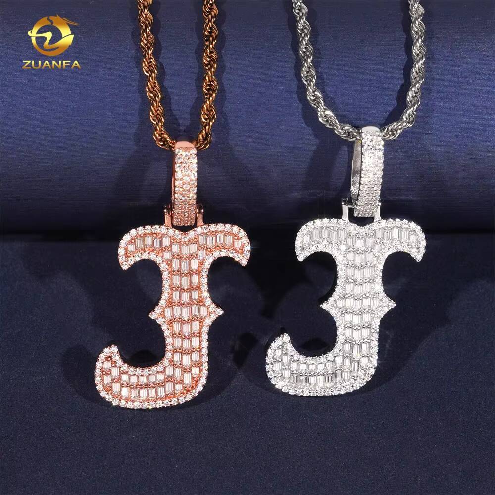 Name Pendant Fashion Baguette Diamond Hip Hop Jewelry Custom Iced Out 925 Silver VVS Moissanite Initial Letter J Pendant Charm
