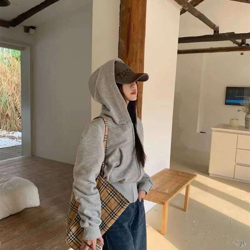 American Zipper Long Sleeve Short Solid Vintage Hoodies Hooded High Waist Slim Fit TopsWomen Y2k Sweatshirts Fleece Coats