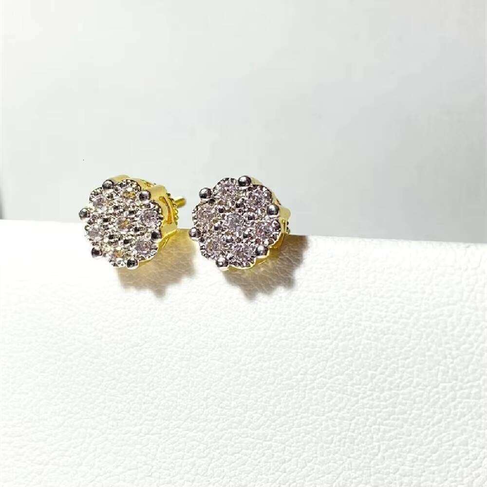 Hip-Hop Men's Ice-Cold 14k Gold-Plated Flower Spiral Back Cluster Tourmaline Earrings