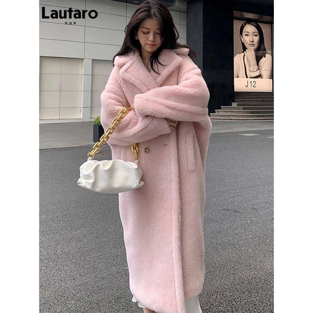 Lautaro Winter Oversized Long Pink Thick Warm Teddy Coat Women Double Breasted Loose Casual Stylish European Faux Fur Overcoat