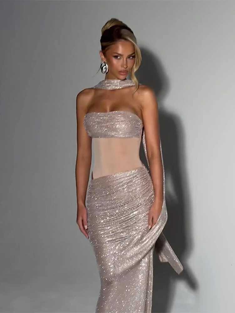 Sequin Halter Bodycon Maxi Dress Womens Sleeveless Cutout Waist Sparkly Blue Long Dresses Evening Party Prom Gown Outfit Z250728