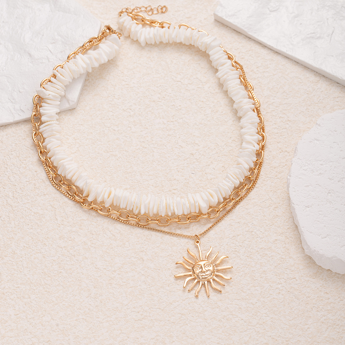 Fashion Natural Shell Necklace Light High-End Sun Pendant Multi-Layer Stacking Vacation Style Collarbone Chain Jewelry for Women