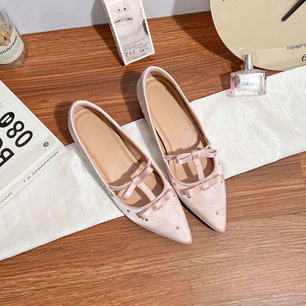 Hidden Heel Flat for Women with Bowknot Pointed Toe Strap Elegant Soft Sole Comfortable Rivet Mary Jane Shoes