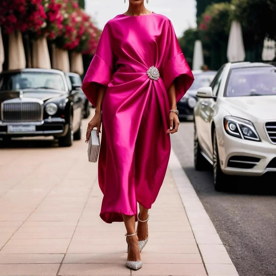 Women Elegant Wedding Guest Dress Champagne Round Neck Flare 34 Sleeve Sequin Knot Cocktail Party Satin Midi Dresses 250728