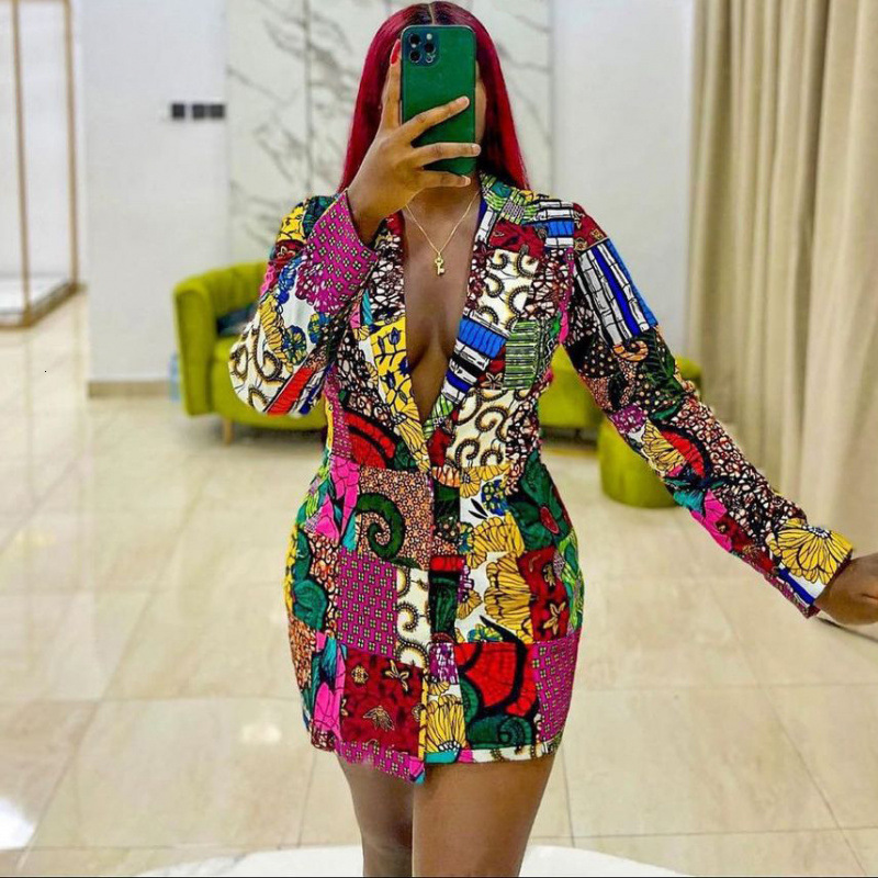 Elegant Ethnic Style Suit Collar Printed Long Sleeve Plus Size Dress 240729