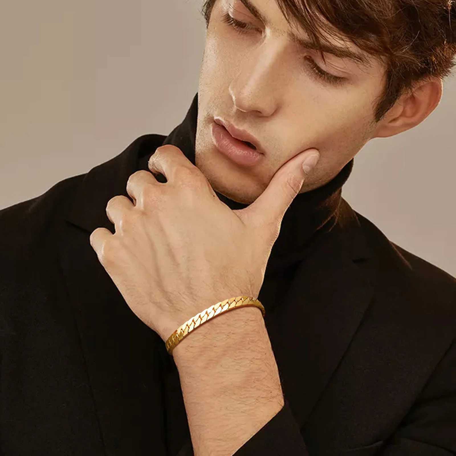 Flat Cuban Chain Bracelets for Men Boys Adjustable Stainless Steel Links Wristband Classic Male Accessories Jewelry Gifts W250728