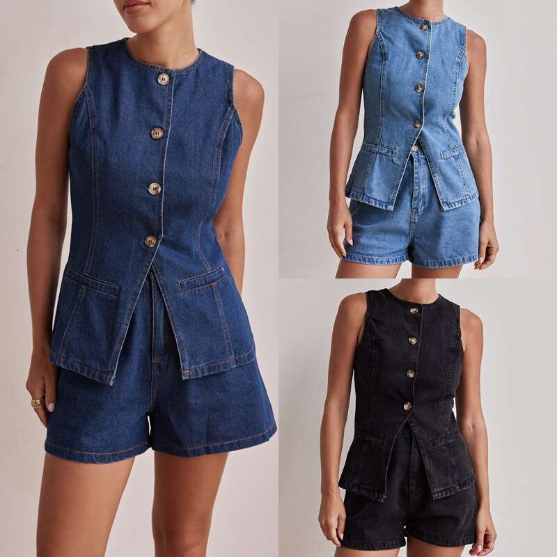 2025 Spring Summer New European and American Fashion Sleeveless Design Waist-Cinching High-Waist Loose Denim Shorts 2-Piece Set