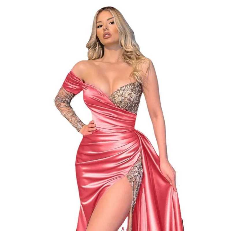 2023 Autumn Elegant Women Sexy Lace Slim Fit Patchwork Split Irregular Dress Women Slash Neck Strapless Formal Party Dress Z250728