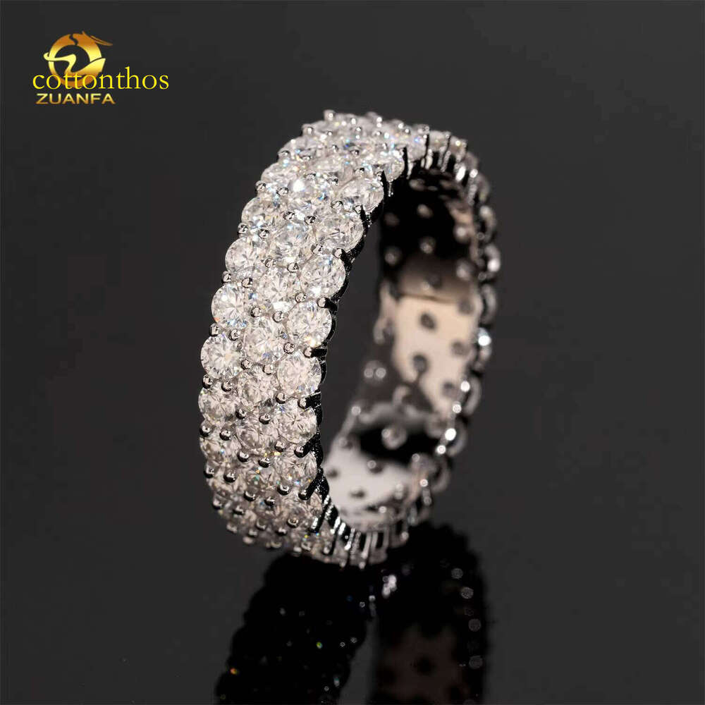 3rows Round Moissanite Band Ring Sier Gold Plated Hip Hop Style Men's Rings