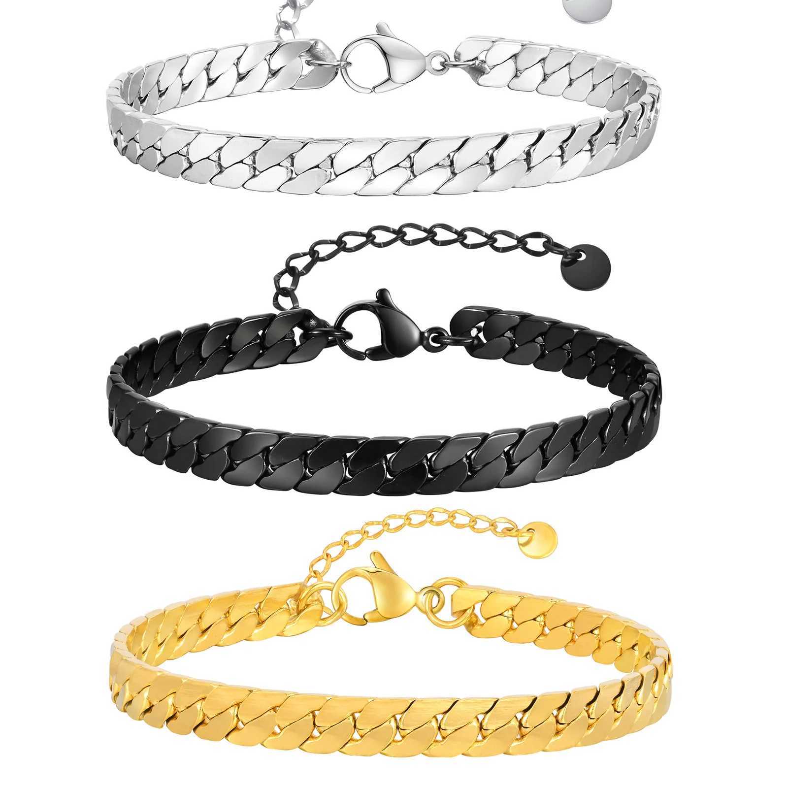 Flat Cuban Chain Bracelets for Men Boys Adjustable Stainless Steel Links Wristband Classic Male Accessories Jewelry Gifts W250728