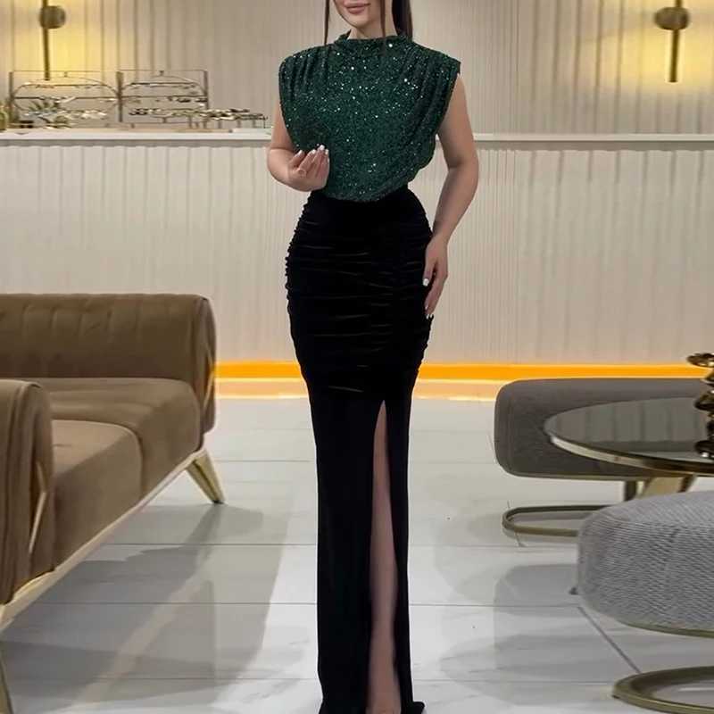 Fashion Temperament Sequins Stitching Dresses Women Solid Color Party Dress Elegant Women O Neck High Slit Maxi Dress Z250728