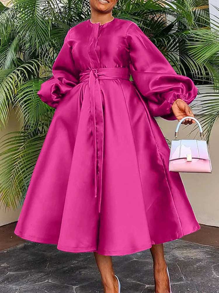 2025 Satin Puff Sleeve Evening Dress for Women Pleated A-Line Round Neck Elegant Party Club Casual Solid Midi Dress with Belt Z250728
