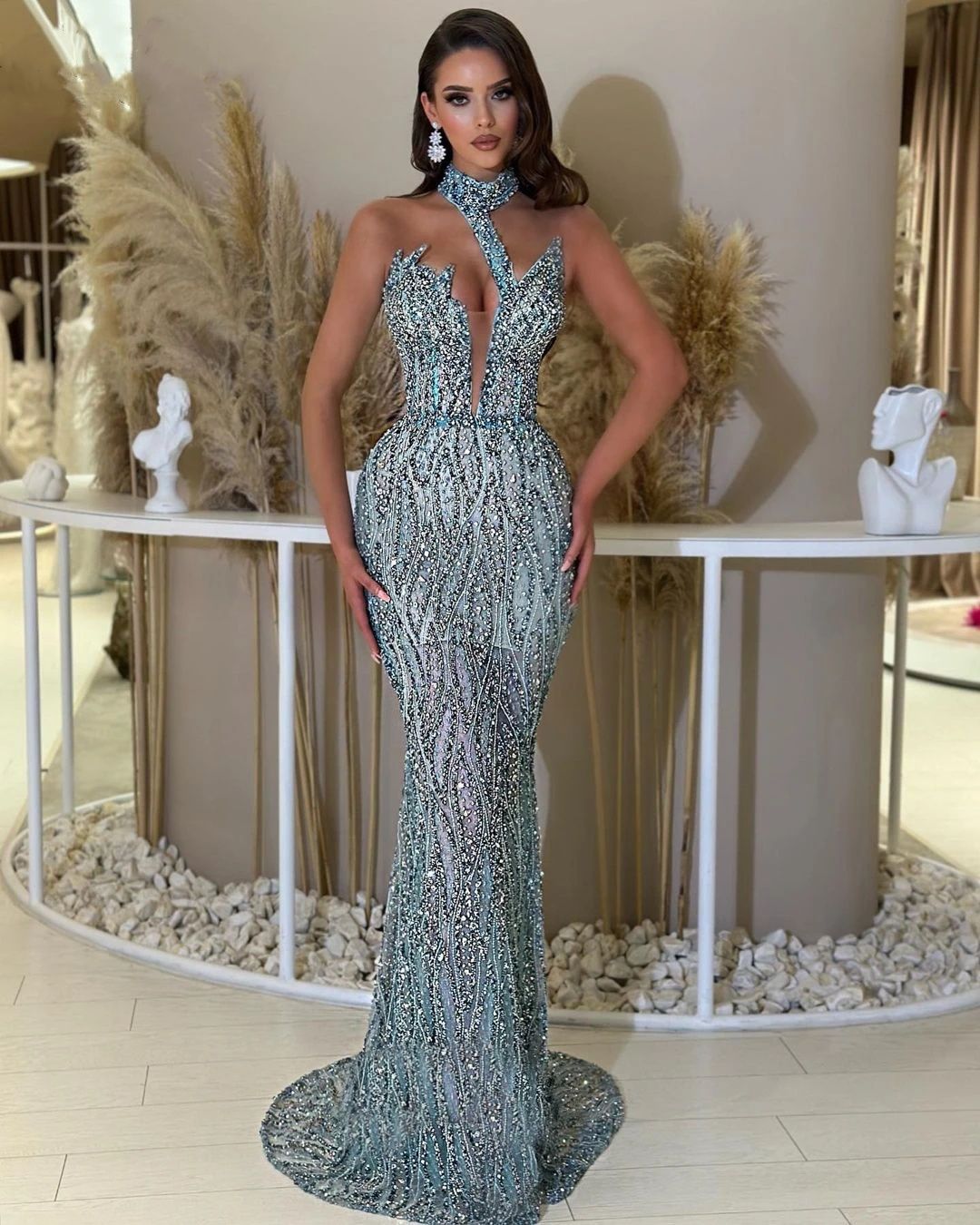 Luxury Evening Dresses Sequins High Neck See Through Mermaid Prom Gowns Sleeveless Rhinestone Customized Sweep Train Formal Occasion Party Dress Vesti