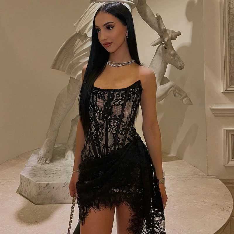 Bikpiik Lace Patchwork Sexy Women Dress Strapless Cut Out See Through Irregular Slim Fit Prom Dress Evening Party Club Fashion Z250728