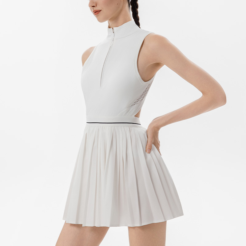 Women's Sports Dress Anti-Glare Front Zipper Tennis Dress Running Fitness Perforated Breathable Pleated Dress For Women