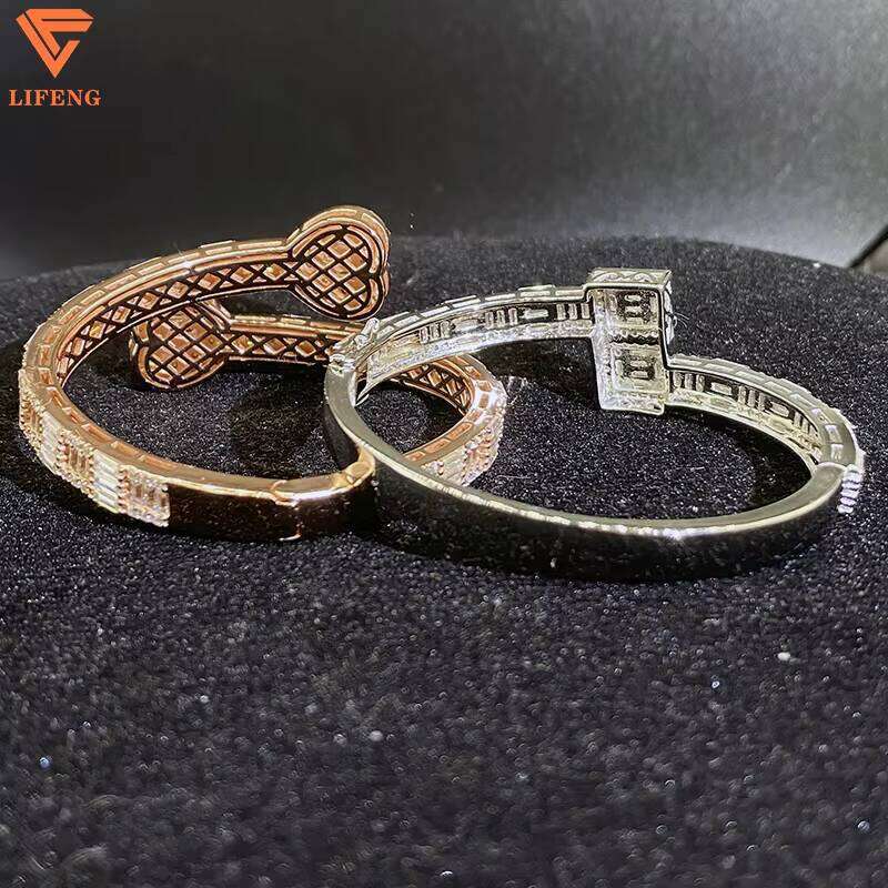 New Arrival Fine Jewelry Popular Couple Bangles Iced Out D VVS1 Moissanite Baguette Dias Sier Bracelet for Men Women