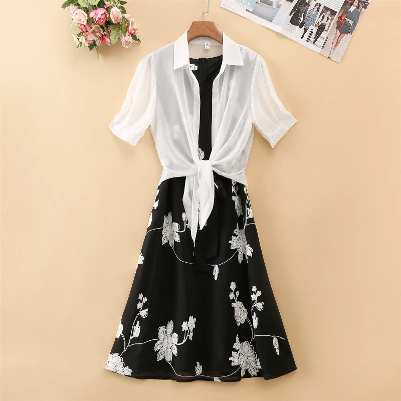 Elegant Suit Twopiece Dress High Waist Sleeveless Slim Aline Skirt Floral Embroidery White Top Bow Belt Vintage WOMEN 250728
