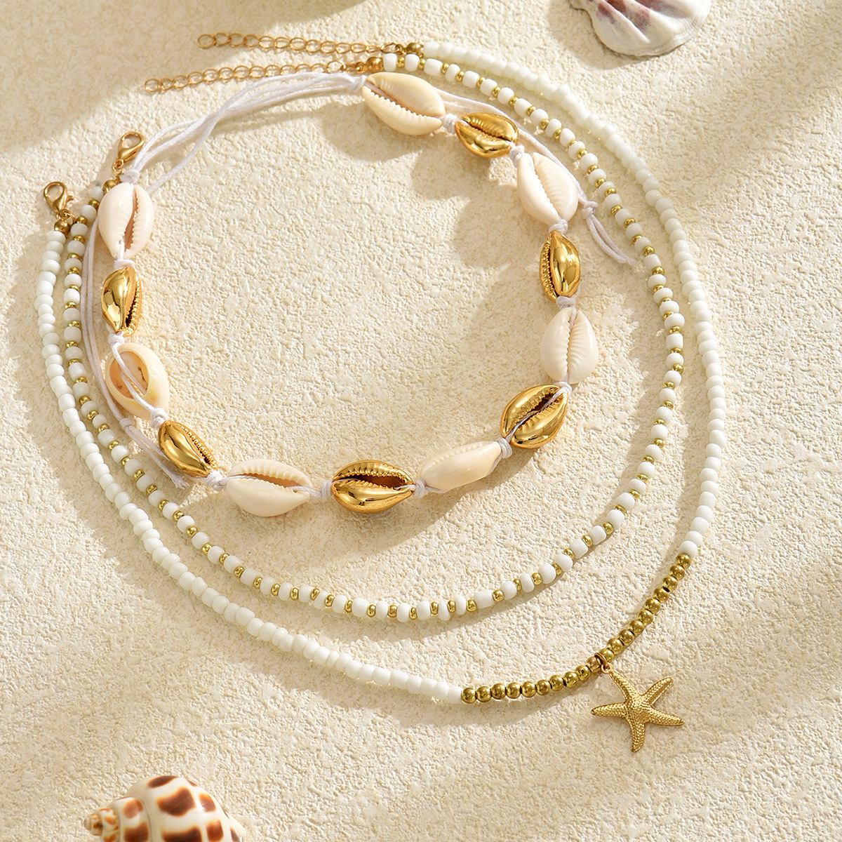 Summer Ocean Beach Style Shell Set Bohemian White Rice Bead Necklace Collarbone Chain Jewelry for Women