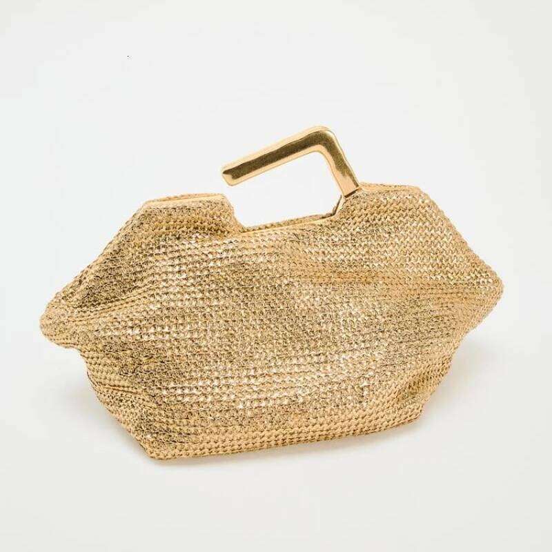 GOLD BAG WITH METAL HANDLE, Woven Handbag for Women, Designer Evening Dress Bag, New Fashionable Women's Metal Clutchs