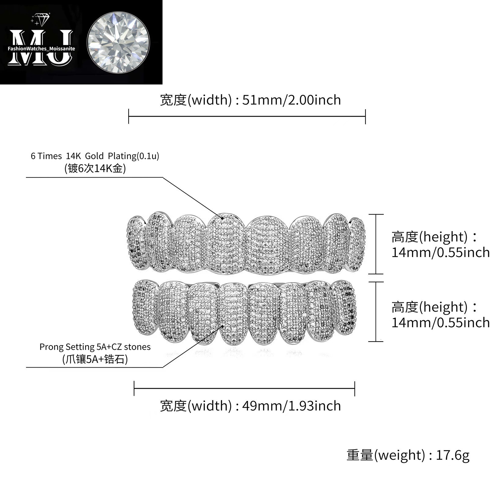 Exclusive customization Moissanite Teeth Grillz iced out Hop Sier decorative braces Real Dia Bg Tooth Grills For Men