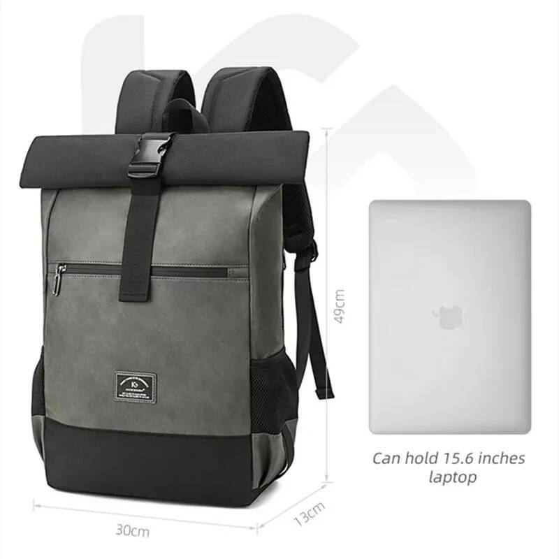 Business Waterproof Travel Bag Large Capacity Backpacks 15.6 inch Laptop Bags Lightweight PU Leather Men Roll Top Rucksack high-quality