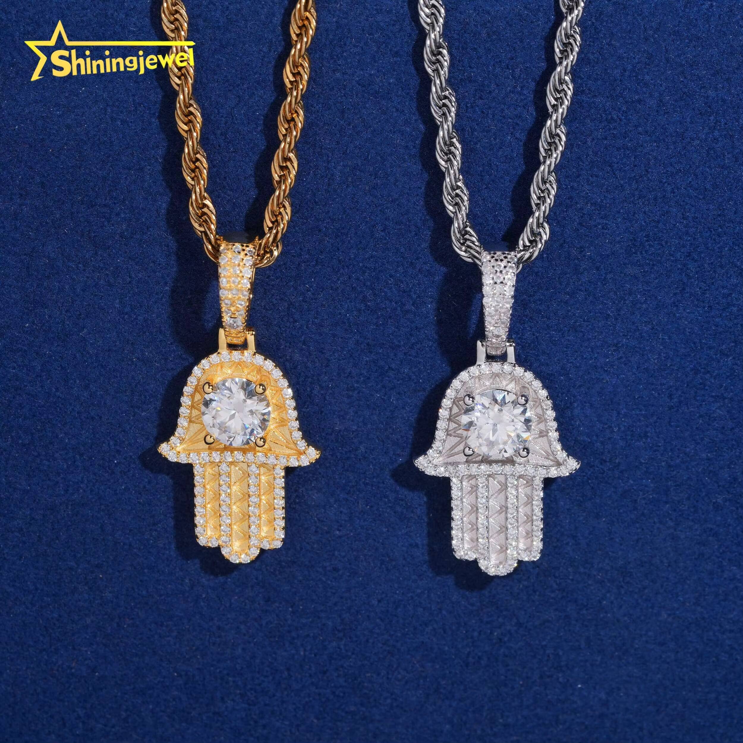 USA Local Fast Shipping 925 Silver VVS Moissanite Pendant Necklace Hip Hop Iced Out Gold Plated Hamsa Hand Moissanite Pendant