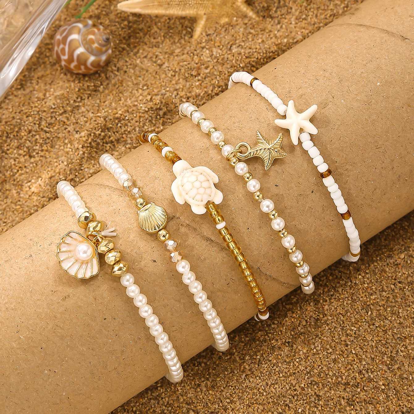 Elegant Multi-layer Imitation Pearl Bracelet Starfish Shell Turtle Pendant Bracelet for Womens Summer Party Dating Jewelry W250728