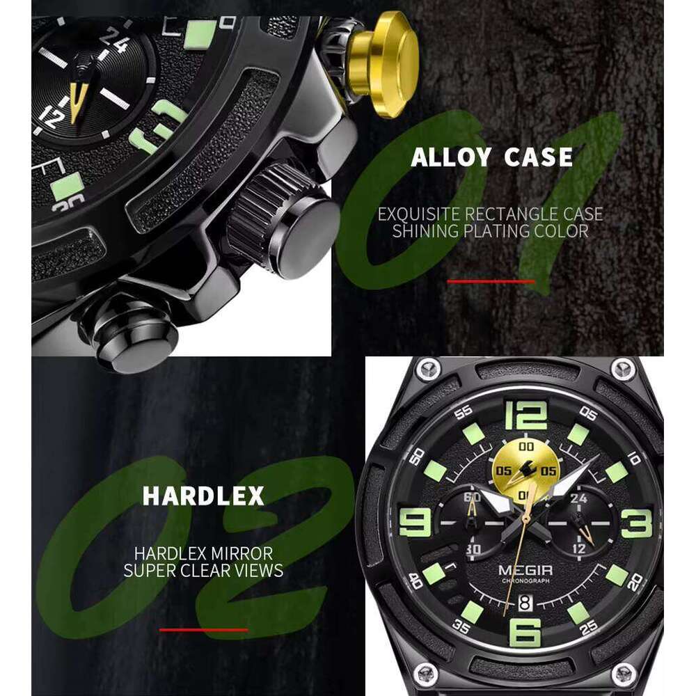 MEGIR Men's Sports Chronograph Watch - 47mm Silicone Strap, Waterproof, Luminous - Bulk Wholesale