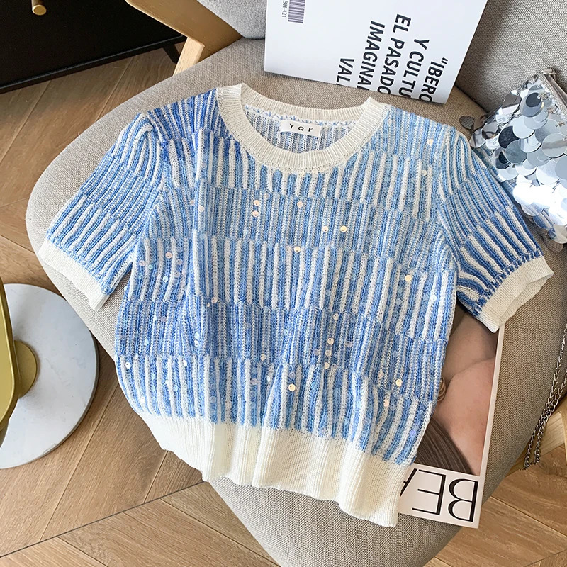 Summer Womens Sweater Sequins Striped Slim Knit Pullovers Tshirts Crop Tops Stylish Chic Fashion Short Sleeve Oneck Jumpers 250728