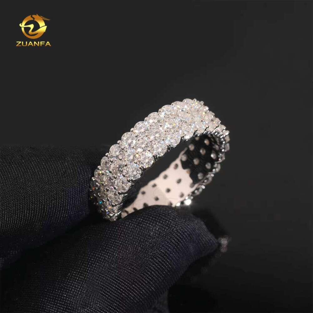 3rows Round Moissanite Band Ring Sier Gold Plated Hip Hop Style Men's Rings