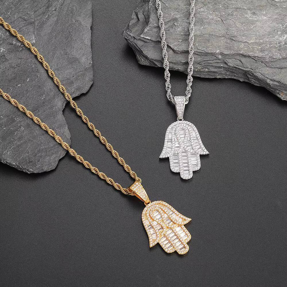Baguette CZ Diamond Gold Plated Hamsa Fatima Hand Pendant Necklace Hiphop Jewelry Iced Out Zircon Stainless Steel Twist Chain
