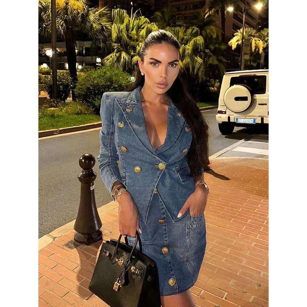 Modphy Quality Women'S Double Breasted Slim Fit Denim Blazer Long Sleeve Jean Jacket High Waisted Pencil Mini Skirt Set