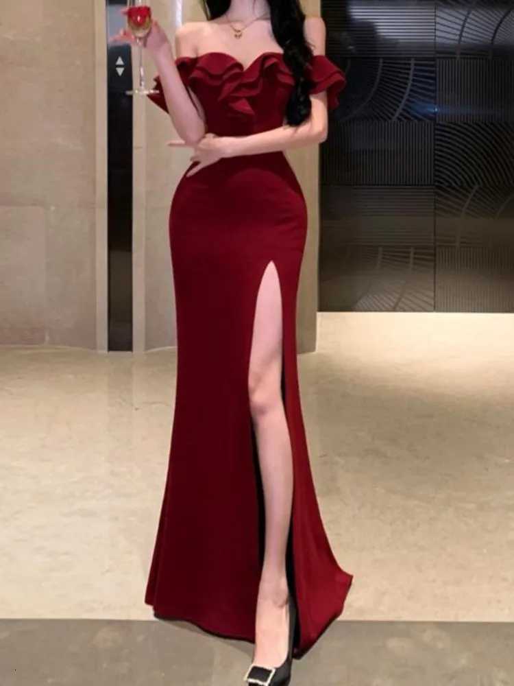 Women Sexy Bodycon Off Shoulder High Split Long Dresses Wedding Evening Party Prom Dress Ruffles Slash Neck Summer New Dresses Z250728